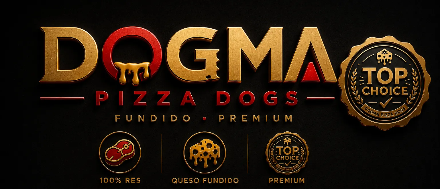 DOGMA Pizza Dogs logo premium con sello Top Choice